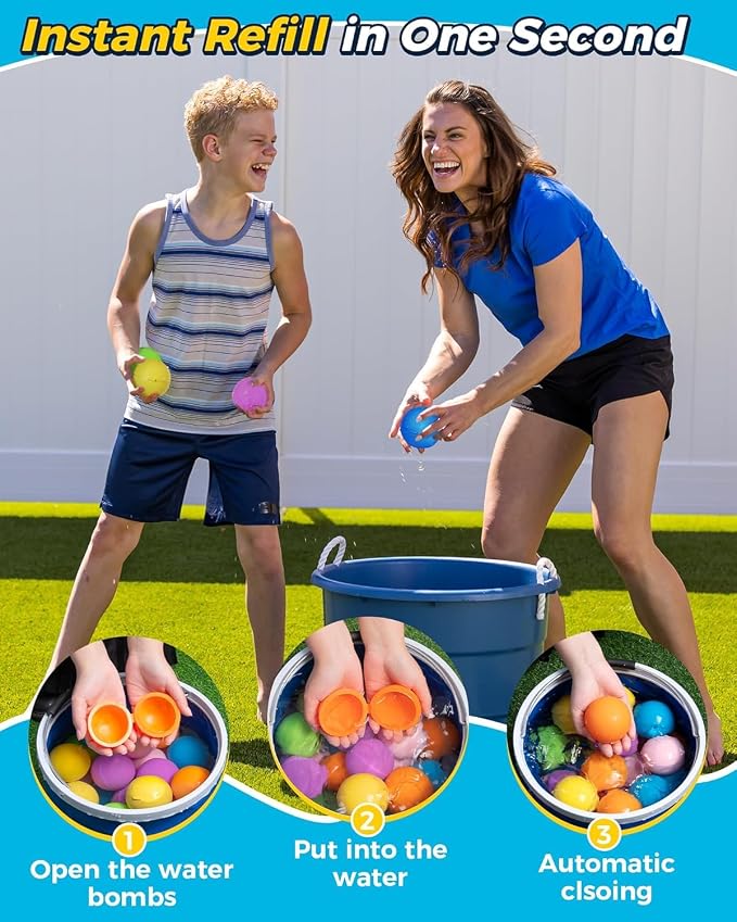Tlitlimom 15PCS Reusable Water Balloons Quick Fill for Kids, Refillable Magnetic Water Balloons for Pool & Beach, Water Ball Toys for Summer Outdoor Games, Outside Activities