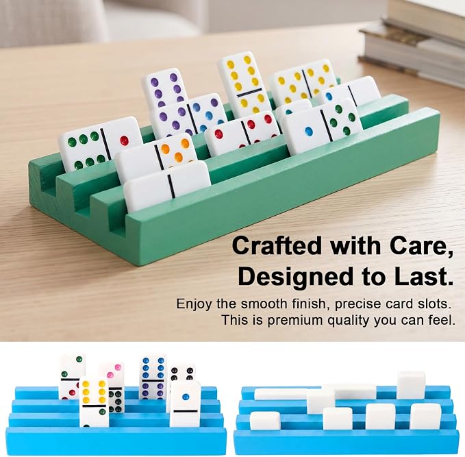 Soulchen Multicolor Wooden Domino Racks Set of 8, Wood Domino Tiles Trays Holders Organizer for Mexican Train Classic Board Accessories, Dominoes Not Included (7.1 x 2.8 Inch)