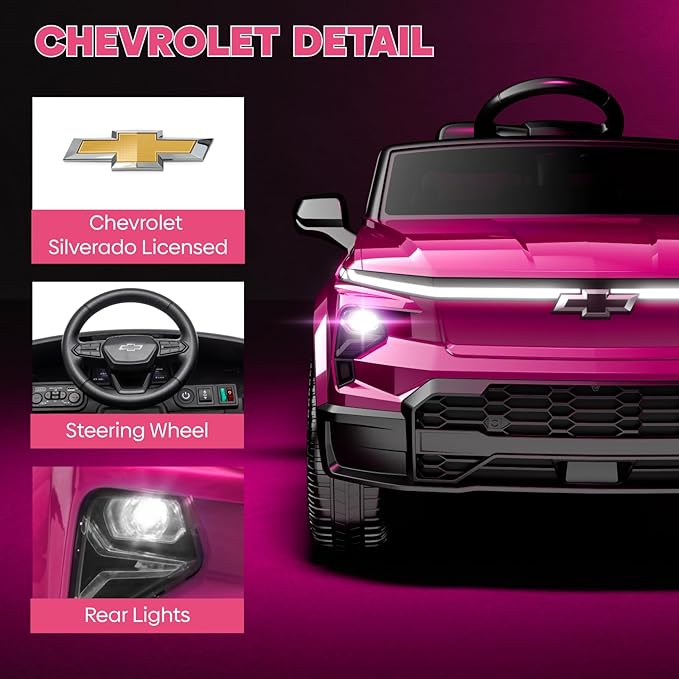 24V Licensed Chevrolet Silverado EV Electric Car for Kids, Ride on Toys for Toddlers with Remote Control, Soft Start, Wide Seat, 3 Speed, LED Lights, Music Player, Birthday Gift, Pink