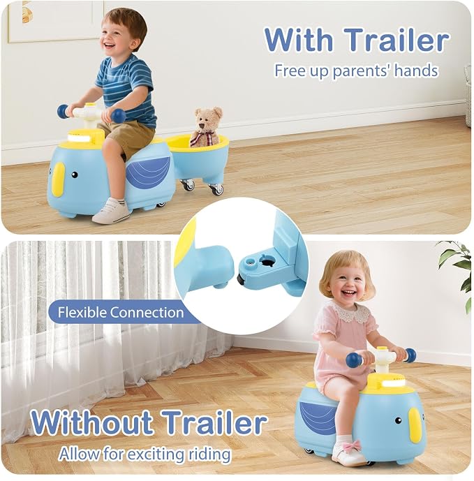 HONEY JOY Ride On Push Car with Trailer, Indoor Outdoor Toddler Riding Toys w/Under-seat Storage, LED Light, Music, Foot-to-Floor Sliding Car, No Battery Baby Ride On Toys for Boys and Girls (Blue)