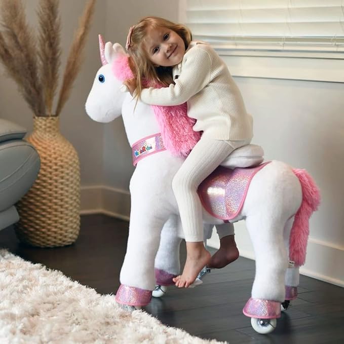 WondeRides Ride on Unicorn Pink Riding Horse Toys Size 3 for Age 3-5 Years, 30.1 inch Height Plush Riding Unicorn Pony Ride on Horse Toy Giddy up Rocking Mechanical Walking Animal with Wheels M331