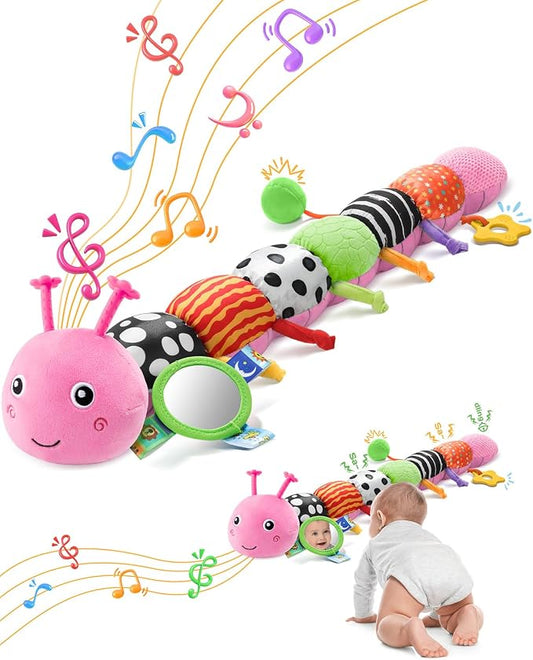 AWOTOY Baby Toys Sensory Music Caterpillar Stuffed Animals Infant Toys,Pink | Teething Toys 0-3-6-12 Months Tummy Time with Mirror Crinkle Rattle&Pull String for Newborn Boys Girls Shower Gifts Birthday