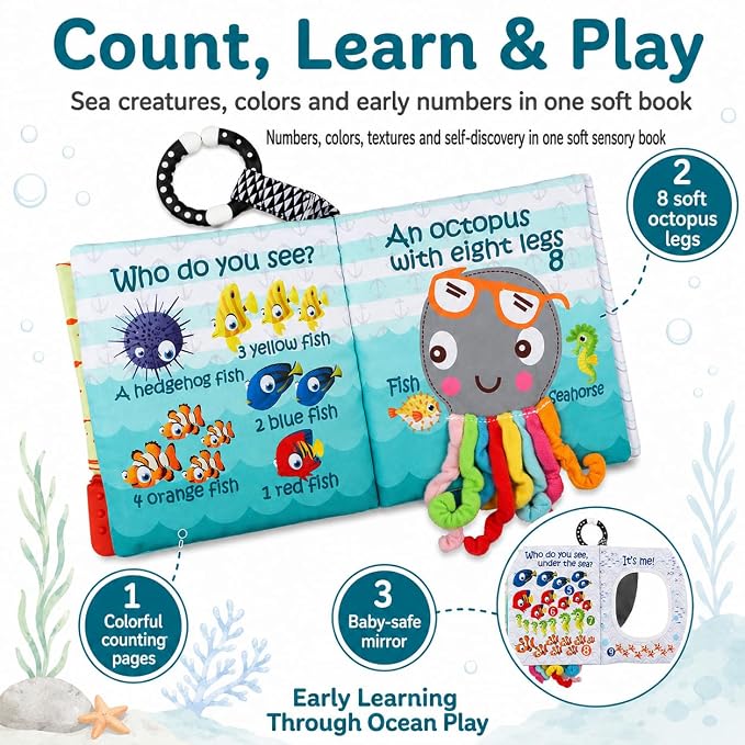 Fish Baby Book, Crinkle Books for Babies, Touch & Feel Soft Books, Infant Baby Toys 0-3 0-6 6-12 Months, Sensory Mirror Toy, Teether Ring, Baby Shower, Baby Basket Stuffers,Gifts for Boys Girls -Blue
