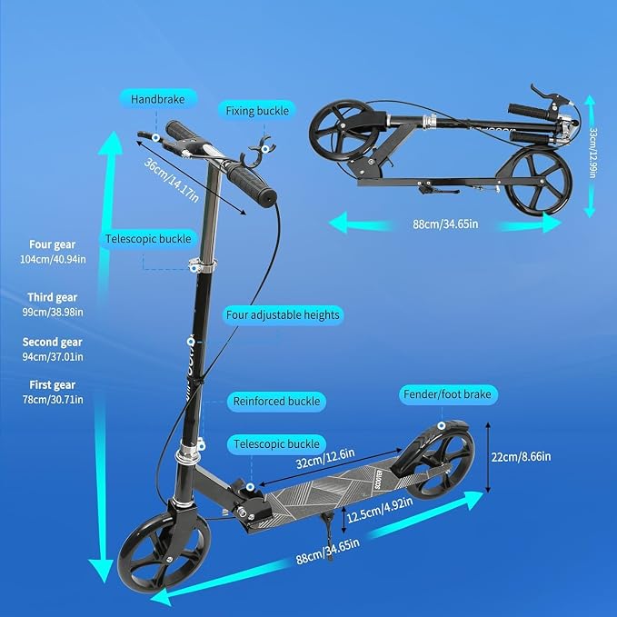 Scooters for Kids 8-12,Scooter for Teens Adults with 8-Inch Big Wheels Foldable Lightweight, 4 Adjustable Height Levels, 240 lbs Max Load Portable Scooter with Hand Brake