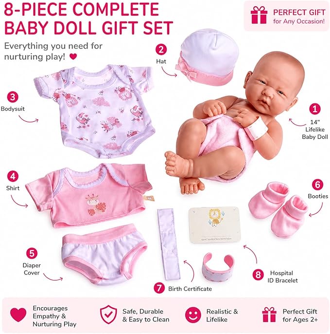 8 piece Layette Baby Doll Gift Set | JC Toys - La Newborn Nursery | 14" Life-Like Doll w/ Accessories | Pink | Ages 2+