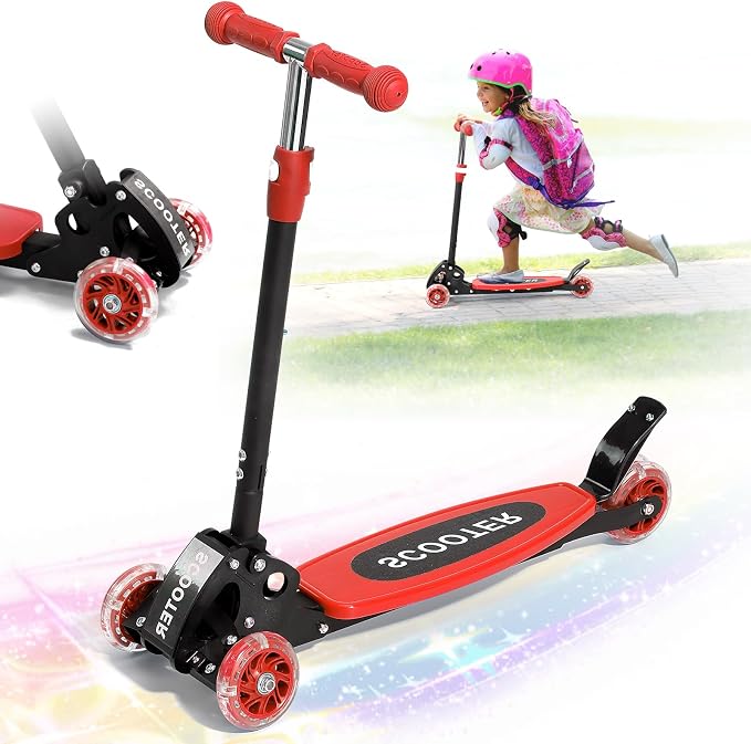 3 Wheel Kids Kick Scooter for Ages 3-12, Lean-to-Steer, Light-Up Wheels, 3-Level Adjustable Handlebar 27.5”-33”, Wide Non-Slip Deck, Dual Rear Brake,Travel Foldable, for Boys & Girls Toy Gifts