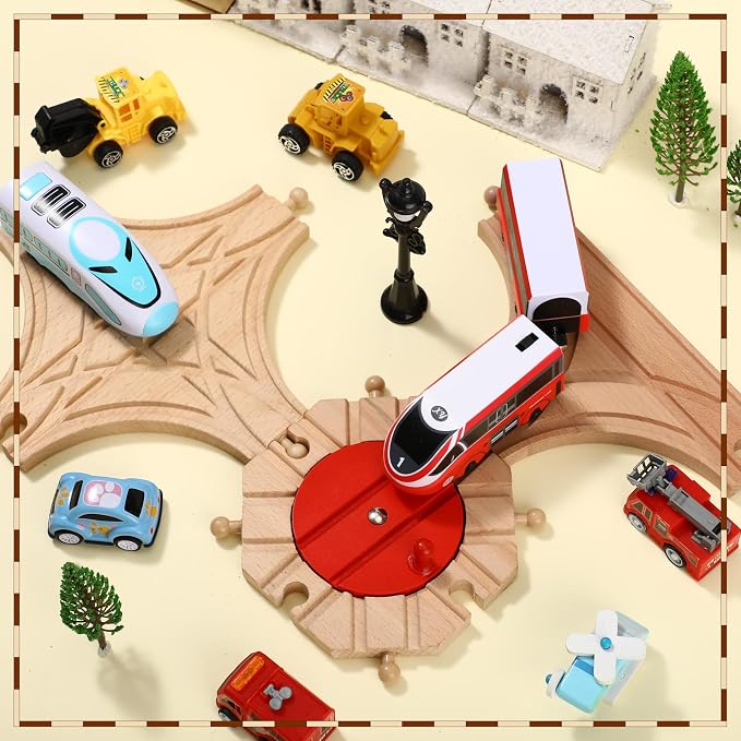 RoundFunny 3 Pcs Wooden Train Track Expansion Set Wooden Train Accessories 8 Way Wood Track Turntable, Forked Rails and Wood T Train Track Compatible with Most Railroad for Table Tabletop Activities