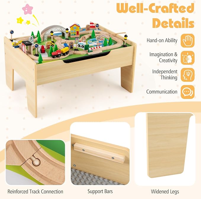 Costzon Train Table, 5 in 1 Kids Activity Wooden Set w/ 78 Pieces Railway Playset, Reversible Map Top, Blackboard, Building Bricks Station & Large Storage Space, Toddler Sensory Table for 18 M+