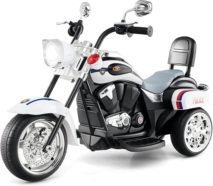 Costzon Kids Motorcycle, 6V Battery Powered Ride on Chopper Motorcycle w/Horn, Headlight, 3-Wheel Stable Ride on Toys, Electric Toddler Motorcycle for Kids, Gift for Boys Girls (Police White)