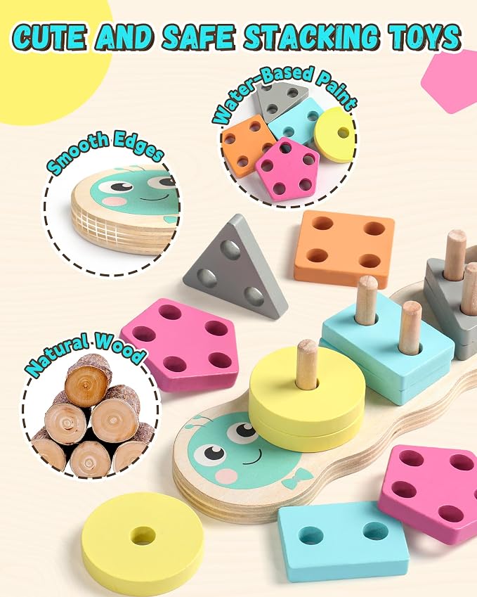Zeewoo Montessori Toys for 1 2 Year Old Girl Gifts Educational for 1-3 Year Old Caterpillar Wooden Shape Sorter Stacking Toys for Toddlers 2-4 Preschool Learning Toy Birthday Boy Girl Gift