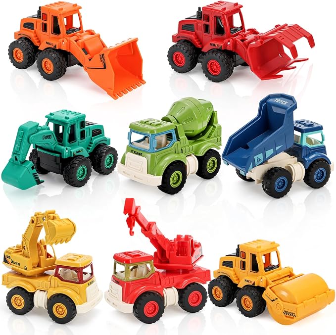 8 Pieces Construction Car Decor, Construction Vehicles, Truck, Excavator, Bulldozer, Mixer, Crane for Sandbox