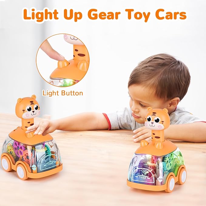ShinySong Press and Go Car for Toddlers, 2 Pack Light Up Baby Animal Car Toys with Visible Gears, Birthday Gifts for Boys Girls, Tiger 2PCS