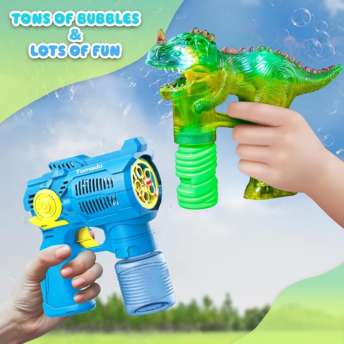 Haktoys Dinosaur Bubble Gun for Kids Automatic Bubble Machine Toy, Outdoor Bubble Maker Blower for Toddlers Boys Girls Backyard Play, 2 Pack Dinosaur and Space Gun