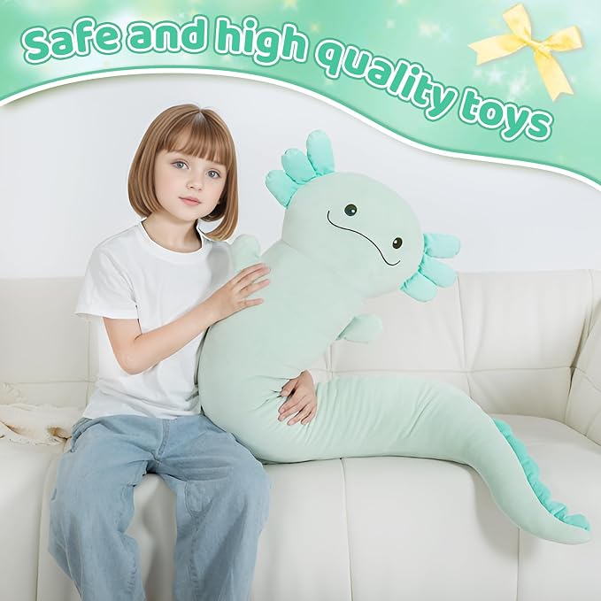 Tianmihou 48 inch Giant Axolotl Plush Stuffed Animal, Big Light Green Axolotl Glow in The Dark Fluorescent Plushies, Jumbo Stuffy Body Pillow Gifts for Kids Adults, Birthday