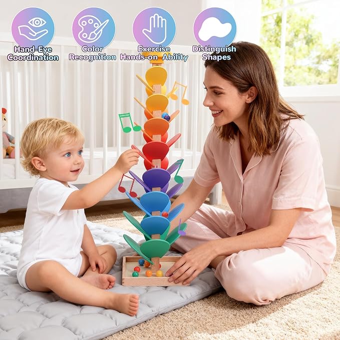 Wooden Rainbow Marble Run Tree, 30pcs Vertical Marble Run Construction Game,Creative Color Sorting Ball Drop Musical Toy,Montessori Learning Stem Gift for Kids Age 3,4,5,6,7,8+