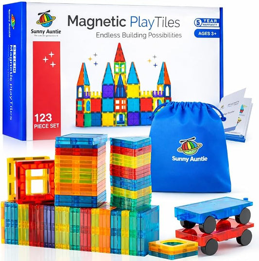 SUNNY AUNTIE Magnetic Tiles 123 PCS with 2 Cars & Storage Bag – Magnetic Building Tiles STEM Toy for Kids Ages 3-8, Magnet Construction Set for Boys & Girls