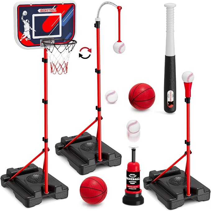 HYES 4 in 1 Kids Basketball Hoop and Tball Set for Toddlers 3-5, Adjustable Hanging Tee Ball Stand with Automatic Baseball Pitching Machine, Indoor Outdoor Sport Toys Birthday for Boys