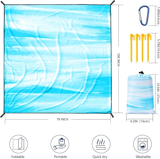 WIWIGO Beach Blanket Waterproof Sandproof Beach Mat 79" X 83"/10'x9'for 2-8 Adults Quick Drying Outdoor Picnic Mat Beach Accessories for Travel, Camping, Hiking