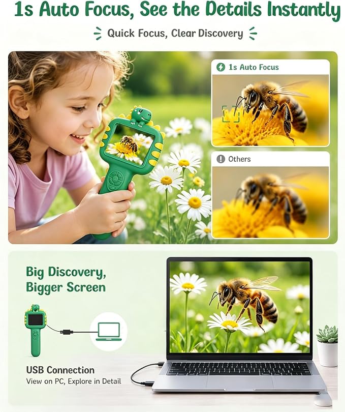 Outdoor Portable Kids Microscope: 100g Lightweight Pocket Design Magnifying Camera for Travel – 3.5H Rechargeable Battery & 6 LEDs for Anytime Exploration – 1s Quick Auto Focus