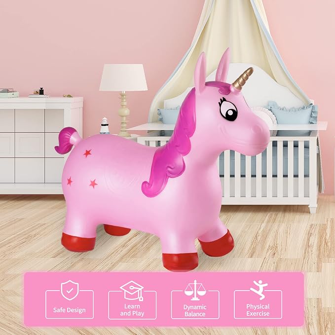 INPANY Pink Unicorn Hopper, Horse Hopper, Bouncy Inflatable Animal Ride-on Toy for Children, Boys and Girls, Toddlers (Pump Included)