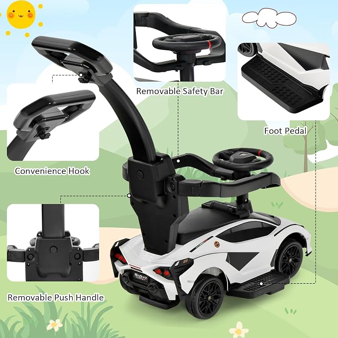 INFANS 3 in 1 Ride on Push Car, Licensed Lamborghini Baby Stroller Sliding Walking Car with Push Handle, Music, USB, Headlight, Under Seat Storage, Kids Foot-to-Floor Toy for 18-60 Months (White)