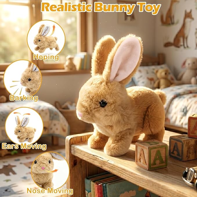 Hunfur Realistic Bunny Toy that Moves, Hopping Walking Bunny Toy for Kids, Interactive Animated Bunny Plush, Cute Electric Bunny Toy Gift for Girls Boys Toddler Easter Toy
