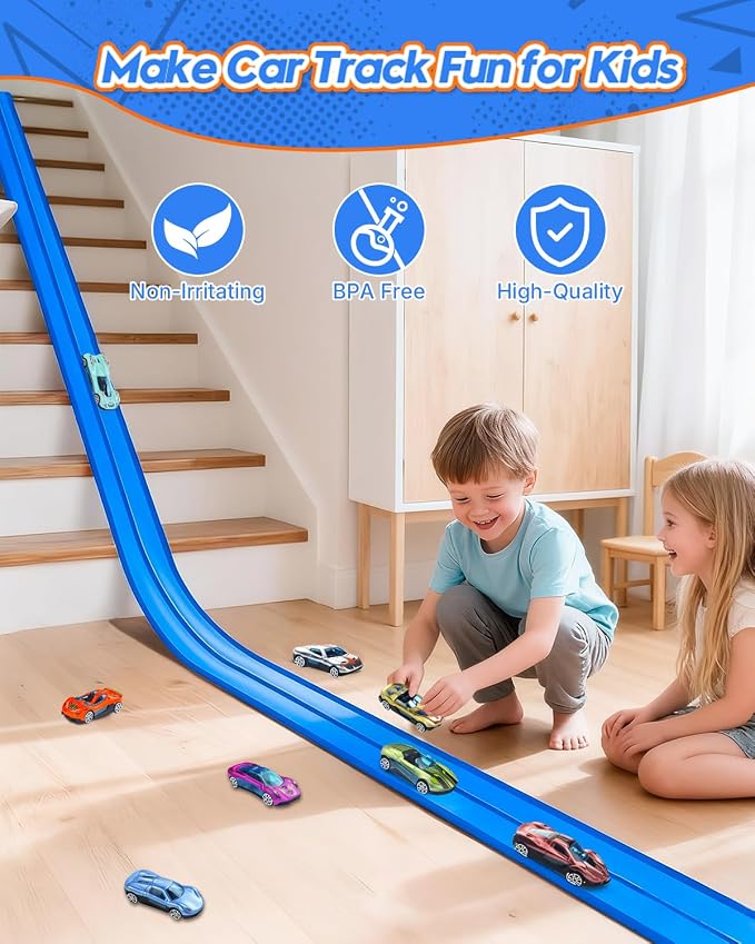 15 Ft Flexible Car Tracks for Kids Age 3 Up, Race Track with 6 Toy Cars, Flex Track Compatible Diecast 1/64 Cars with Suction Cups, Birthday for Boys (Blue)