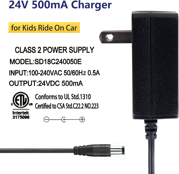 24V Charger for Ride On Car, 24 Volt Kids Battery Charger with Charging Indicator Light for Baby Carriage Ride Toy, 500mA Supply Power Adapter
