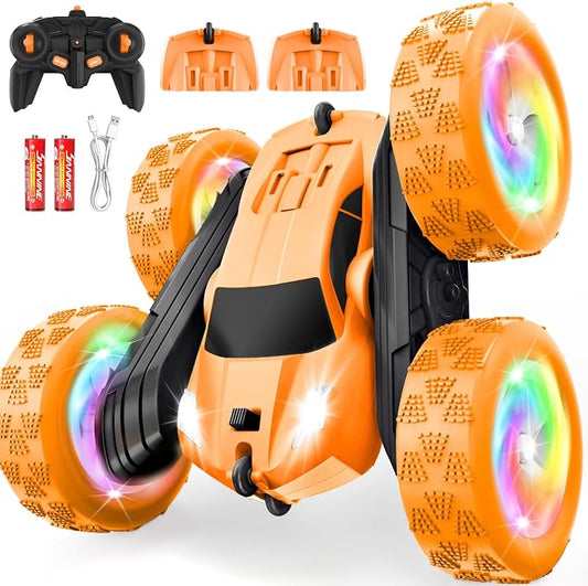 Remote Control Car, Outdoor Toys RC Cars for Kids Ages 6-12, 4WD Double Sided Stunt Vehicle with Upgraded USB-C Modular Batteries, 5 6 7 8 9 10+ Year Old Boy Birthday Orange