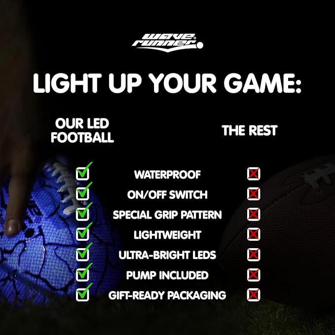 Wave Runner Light Up Football for Kids, Glow in The Dark LED Football, Rechargeable Football, Junior Size Waterproof Football Toy, Outdoor Football Gifts for Boys 8-12