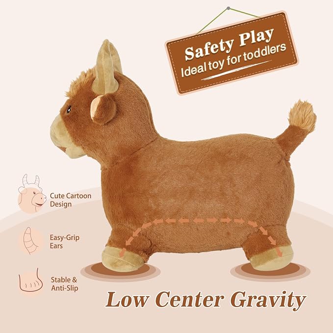 INPANY Bouncy Bull Hopping Toys - Toddler Brown Plush Cow Hopper, Kids Inflatable Farm Animal Hopper Horse, Outdoor Indoor Ride on Rubber Bouncer, Toys for 2 3 4 Year Old Boy Girl Birthday Gifts