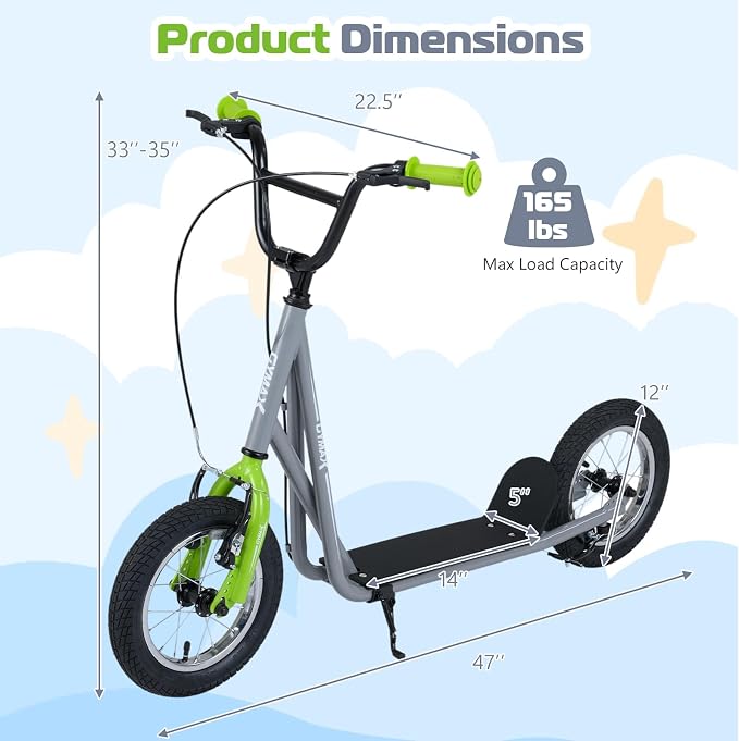 GYMAX Scooter, Kids & Adults Off-Road Scooter with 12" Inflatable Wheels, Adjustable Height Handlebar, V-Type Handbrakes & Axle Pegs for All Terrain, 8+