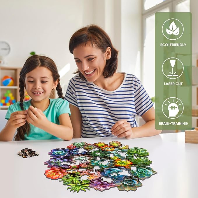 Mys Aurora Succulent Wooden Puzzles for Adults, 200 Piece Unique Shaped Wood Jigsaw Puzzles for Adults and Kids, Fun Challenging Puzzles Family Game Gift, Medium 11.2'' x 11'