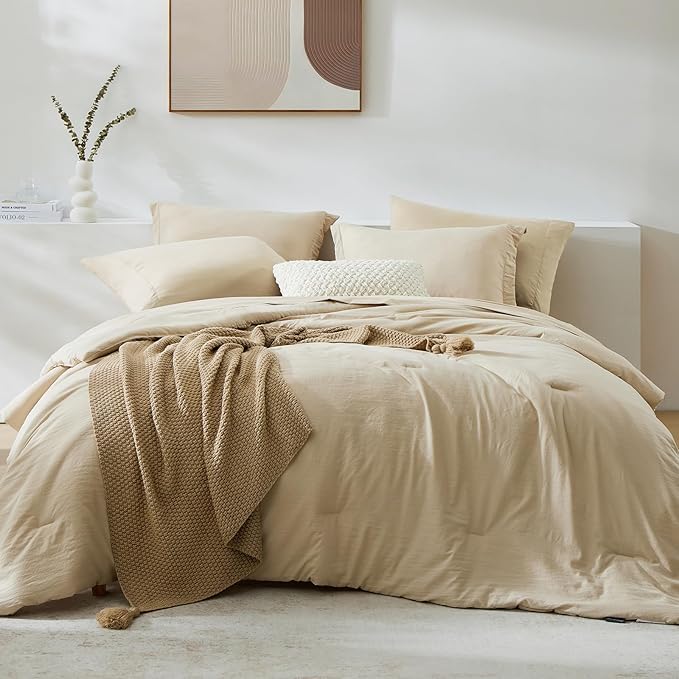 WRENSONGE Twin XL Comforter Set- 5 Pieces Beige, All Season Twin XL Bedding Sets with 1 Fitted Sheet, 1 Flat Sheet, 1 Pillow Sham and 1 Pillowcase