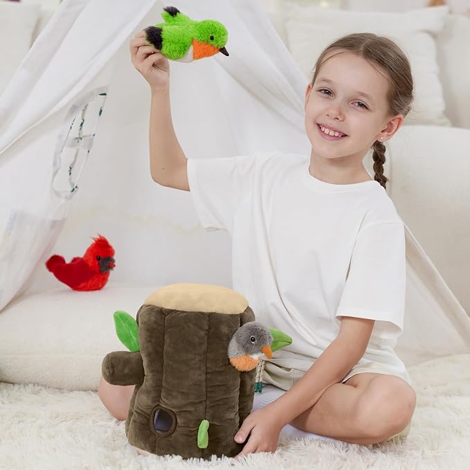 5Pcs Bulk Bird Stuffed Animal Set, Tree House Plush with 3 Small Bird Plushies(Robin, Hummingbird, Northern Cardinal) & 1 Egg, Magnetic Stuffed Tree Toys for Kids,Birders