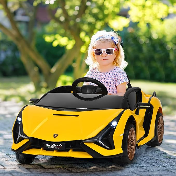 OLAKIDS Kids 12V Licensed Lamborghini SIAN Ride On Car, Electric Vehicle for Toddler with Control Remote, Battery Powered Toy with Music, 2 Speeds, Suspension, LED Lights, Bluetooth (Yellow)