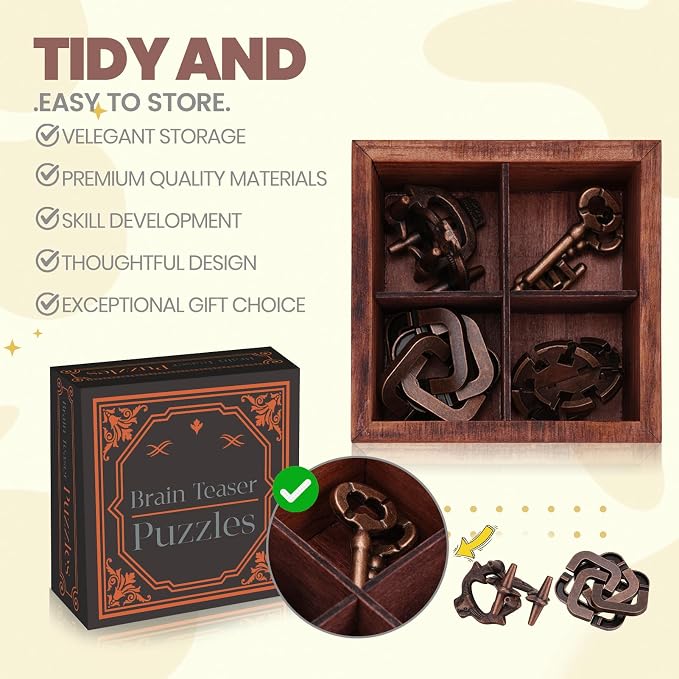 Metal Brain Teaser Puzzles for Adults Teens - Brain Teaser Puzzles with Wooden Box 3D Puzzle Game Toys for Adults Teens - Unlock Interlocking Puzzle Adults Teens IQ Education Smart Toys