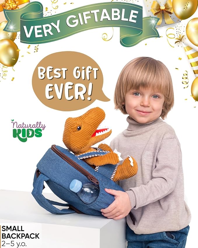 Naturally KIDS 【Upgraded】 Toddler Backpack with Detachable Dinosaur Toy for Boys | Side & Inner Pockets, Reflective Logo | Dinosaur Backpack for Kids 3-5