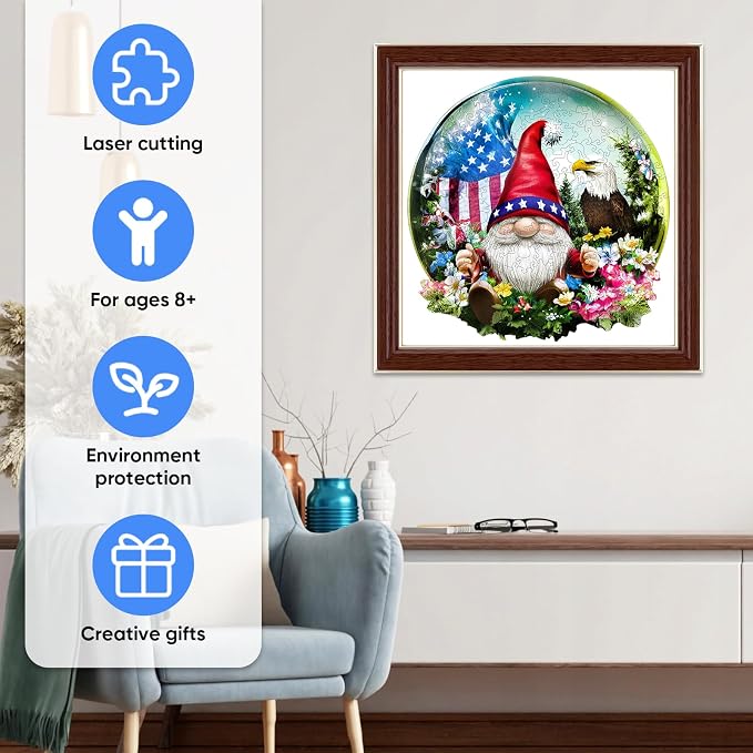 MEATRN Puzzles for Adults - Gnome, Eagle, Flag & Floral Design Inside Crystal Ball, Fun Educational Wooden Jigsaw Puzzle, Premium Collectible Art Gift for Students, 206 Pcs, 11x11.2 in