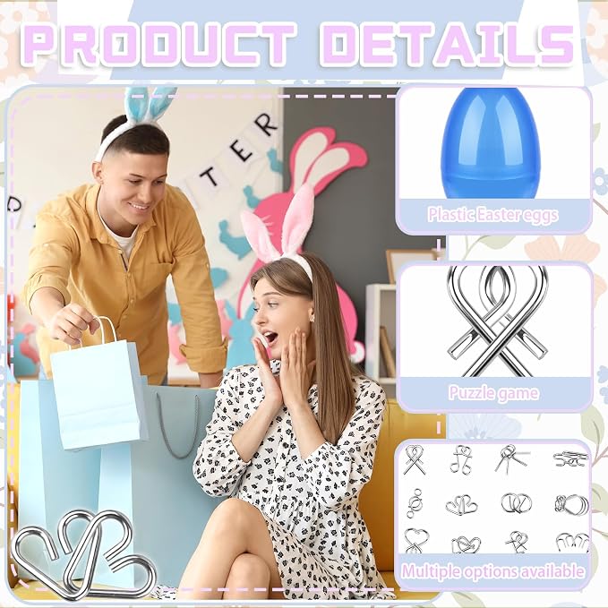 48 Pcs Prefilled Easter Eggs with Metal Brain Teaser Puzzles Iron Link Unlock Interlock Game for Egg Hunts Party Favors Easter Basket Stuffers