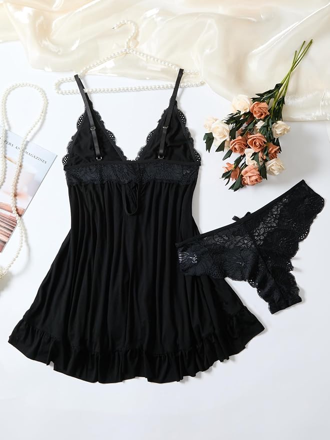 Foxiny Sexy Open Front V Neck Ruffle Sheer Mesh Lace Wireless Babydoll Lingerie Dress with Thong 2 Piece