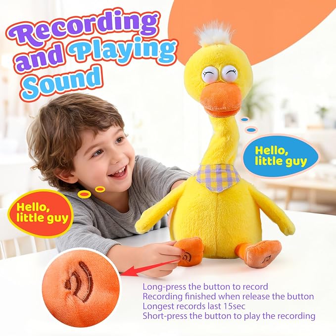 Marsjoy 13" Talking Dancing Duck, Repeating What You Say Mimicking Recording Plush Baby Toy Musical English Song Singing Talking Glowing Animated Twisting Gift of Lighting Up Toy for Boy Kid