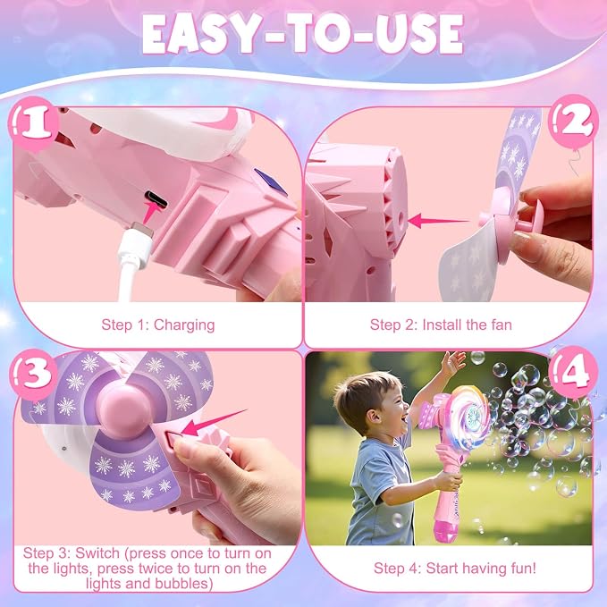 Bubble Wands for Kids Age 4-8: Windmill Light Up Automatic Bubble Machine Rechargeable With 2 Bubble Solution Outdoor Party Birthday Toys for Toddlers, Gift for 3 4 5 6 7 8 Year Old Girls, Pink