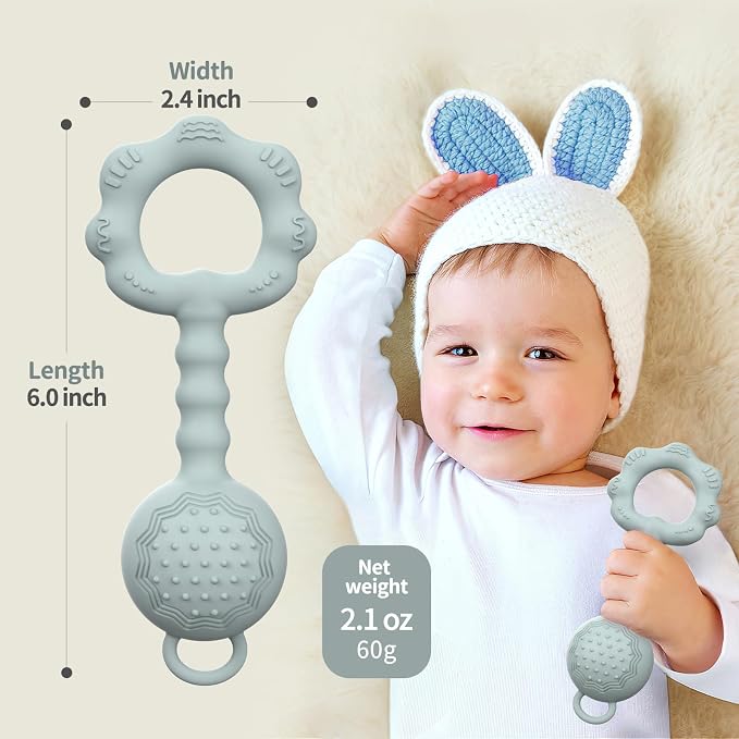 Teethers for Babies 0-6 Months, Rattles for Babies 6-12 Months, 2-in-1 Rattle and Teether Toy for Soothing Sore Gums and Keeps Little Ones Entertained, Food Grade Silicone, Gray