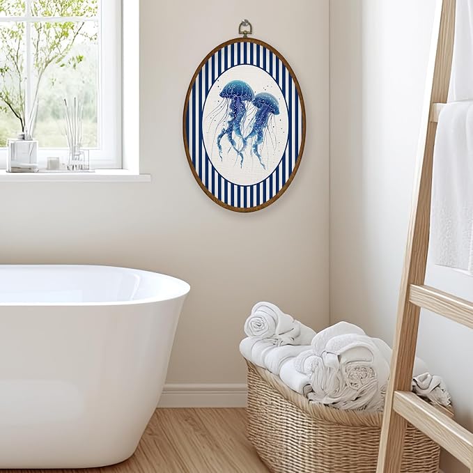 WULQYING Coastal Beach Jellyfish Wall Art Decor, Ocean Nursery Oval Framed Canvas Art Prints, Blue Striped Ocean Beach Jellyfish Wall Hanging Decor for Home Bedroom Kids Nursery Room, 8.6x11.4 Inches