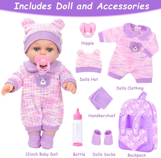 XFEYUE 12'' Baby Doll with Bear Pattern Backpack in Gift Box,Including Clothes Accessories, Backpack, Baby Bottle, Pacifier, Hat, Socks, and Handkerchief for 3+ Child Girls Gifts