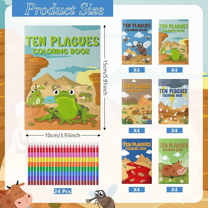 Cinrobiye 24 Set Passover Coloring Books Bulk Mini Ten Plagues Coloring Booklet with Stacking Crayons, Pesach Favors, Passover Arts and Crafts, Goodie Bag Stuffers, Seder Activity Pack