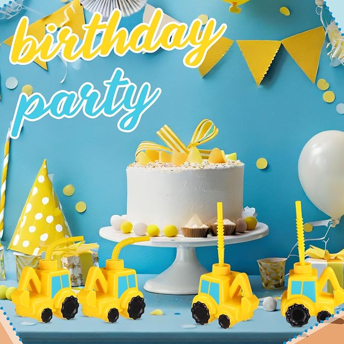 Tanlade 12 Set Excavator Truck Cups with Straws, Tractor Birthday Party Decorations 10 oz Plastic Excavator Shape Cup Reusable Cups Construction Themed Party Favor for Kids Construction Car