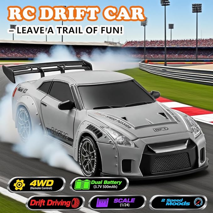 RC Drift Car, 1:24 Scale Remote Control Vehicle with LED Lights,Drifting Tires＆Two Batteries, Racing Sports Toy Idea Gift for Adults Boys Girls and Kids Galactic Silver