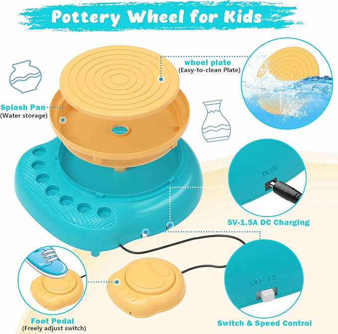 Pottery Wheel for Kids with Complete Clay Kit,Beginner Pottery Painting Set with Air Dry Clay,12 Paints,Sculpting Tools,Apron and Guide,Arts and Crafts Christmas Birthday Gift for Girls Boys Ages 6-12